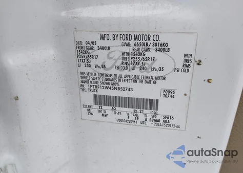 2005 Ford F-150 Stx/Xl/Xlt из США, поврежденный, VIN 1FTRF12W45NB52743